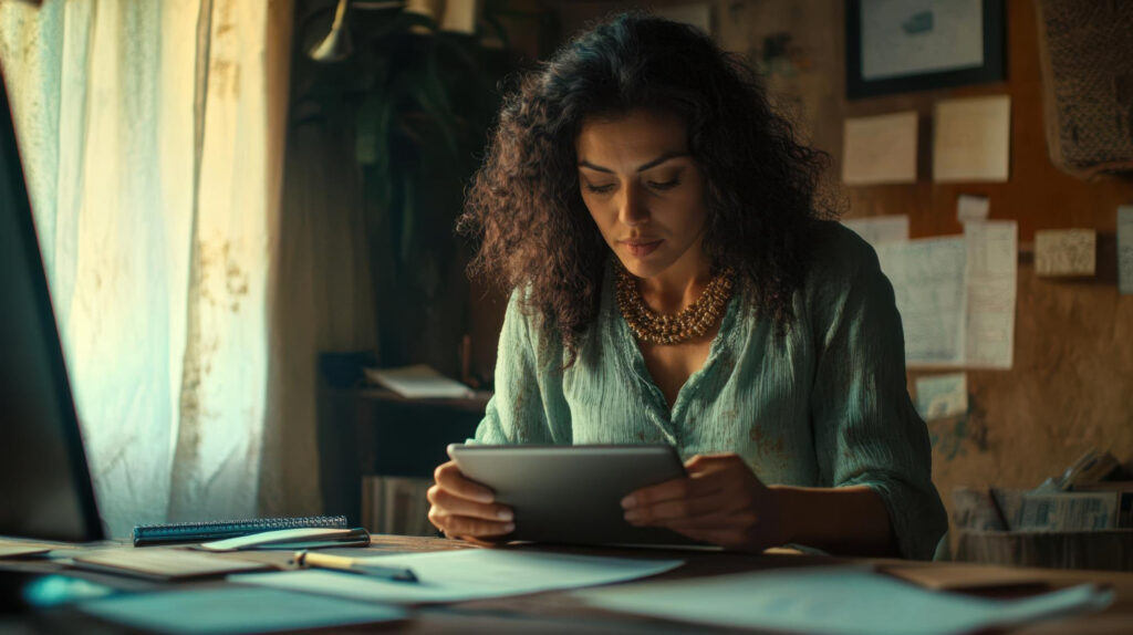 Pessoa analisando contas fixas que estão engolindo o salário e reorganizando o orçamento