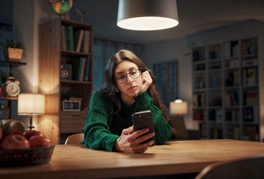 Pessoa preocupada após atrasar parcela do empréstimo e revisar contas