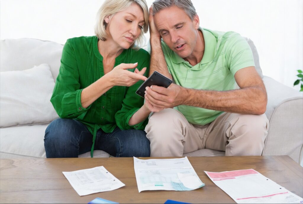 Casal comparando financiamento ou consórcio antes de tomar decisão financeira